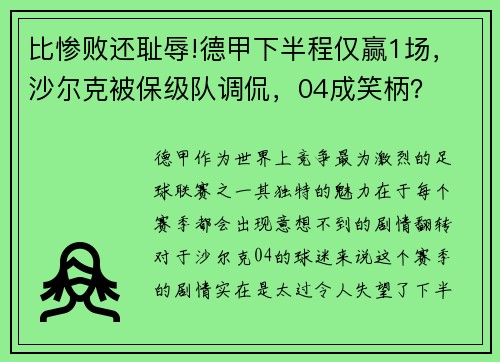 比惨败还耻辱!德甲下半程仅赢1场，沙尔克被保级队调侃，04成笑柄？