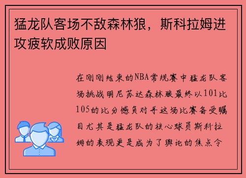 猛龙队客场不敌森林狼，斯科拉姆进攻疲软成败原因