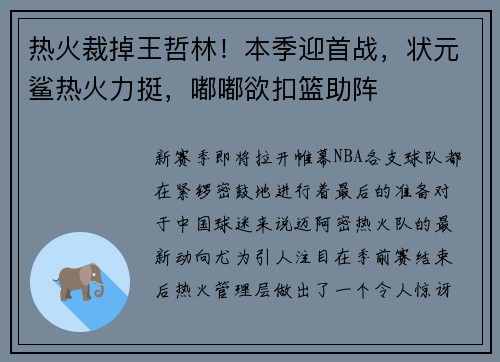 热火裁掉王哲林！本季迎首战，状元鲨热火力挺，嘟嘟欲扣篮助阵