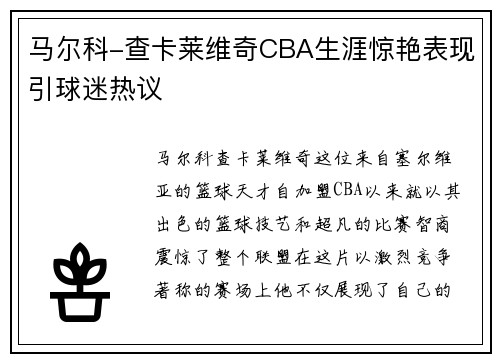 马尔科-查卡莱维奇CBA生涯惊艳表现引球迷热议