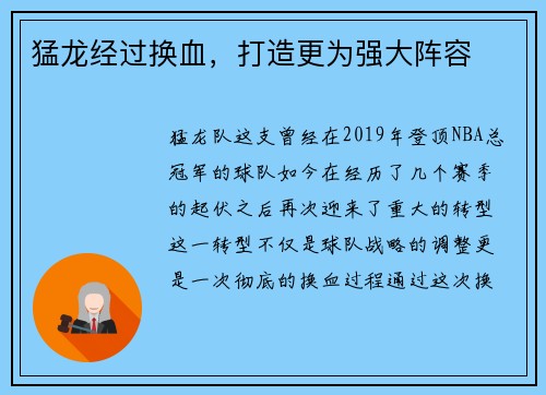 猛龙经过换血，打造更为强大阵容