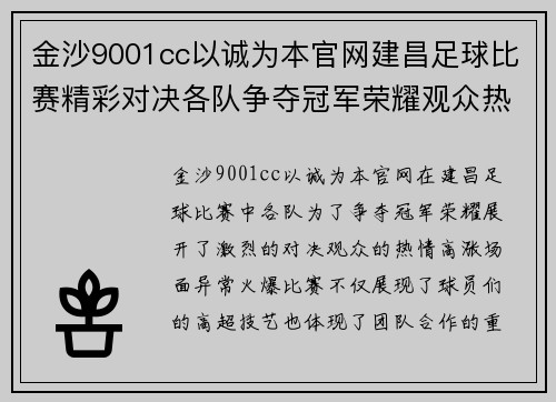 金沙9001cc以诚为本官网建昌足球比赛精彩对决各队争夺冠军荣耀观众热情高涨